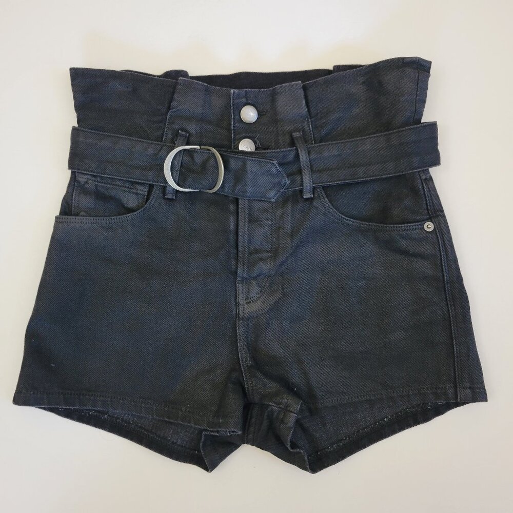 Imann x Frame High Rise Belted Black Coated Le Bootie Shorts